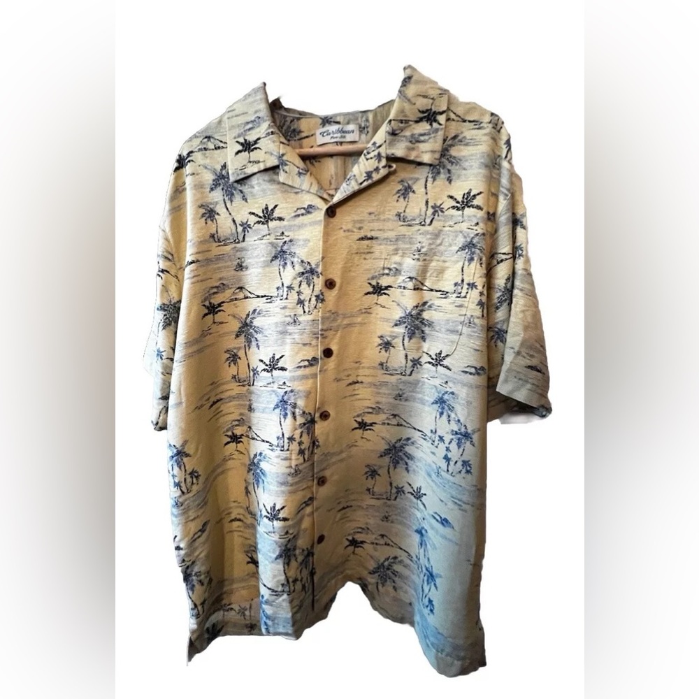 CARIBBEAN Pure Silk Mens Tropical Print Short Sleeve Button Up Shirt Size XL